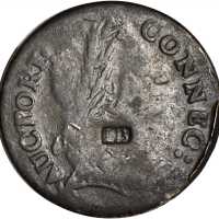 I B in a recessed rectangle on a 1785 Miller D-4.3 Bust Right Connecticut copper. Brunk B-43, Rulau-
