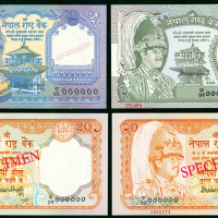 1981-97年尼泊尔壹，贰，贰拾卢比样票一组四枚，Harishankar Tripathi签名，均UNC