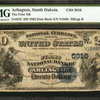 Arlington, South Dakota. $20 1882 Date Back. Fr. 555. The First NB. Charter #5916. PMG Choice Fine 1