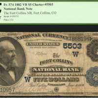 Fort Collins, Colorado. $5 1882 Value Back. Fr. 574. The Fort Collins NB. Charter #5503. PCGS Very G