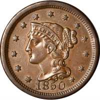 1850 Braided Hair Cent. N-19, 16. Rarity-2. AU-50.