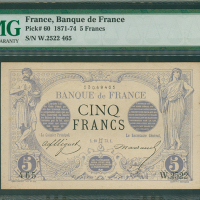 1873年法国银行5法郎，编号W. 2522 465, PMG55,一张好品相而超过140年的古老钞票