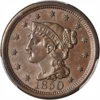 1850 Braided Hair Cent. N-6. Rarity-1. MS-62 BN (PCGS).