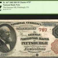 Pittsburgh, Pennsylvania. $5 1882 Brown Back. Fr. 467. The German NB. Charter #757. PCGS Fine 15.
