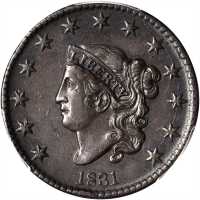 1831 Matron Head Cent. N-1. Rarity-1. Large Letters. EF-45 (PCGS).