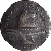 1788 New Jersey Copper. Maris 67-v, W-5510. Rarity-1. Horses Head Right, Brushed Mane. VF Details--E