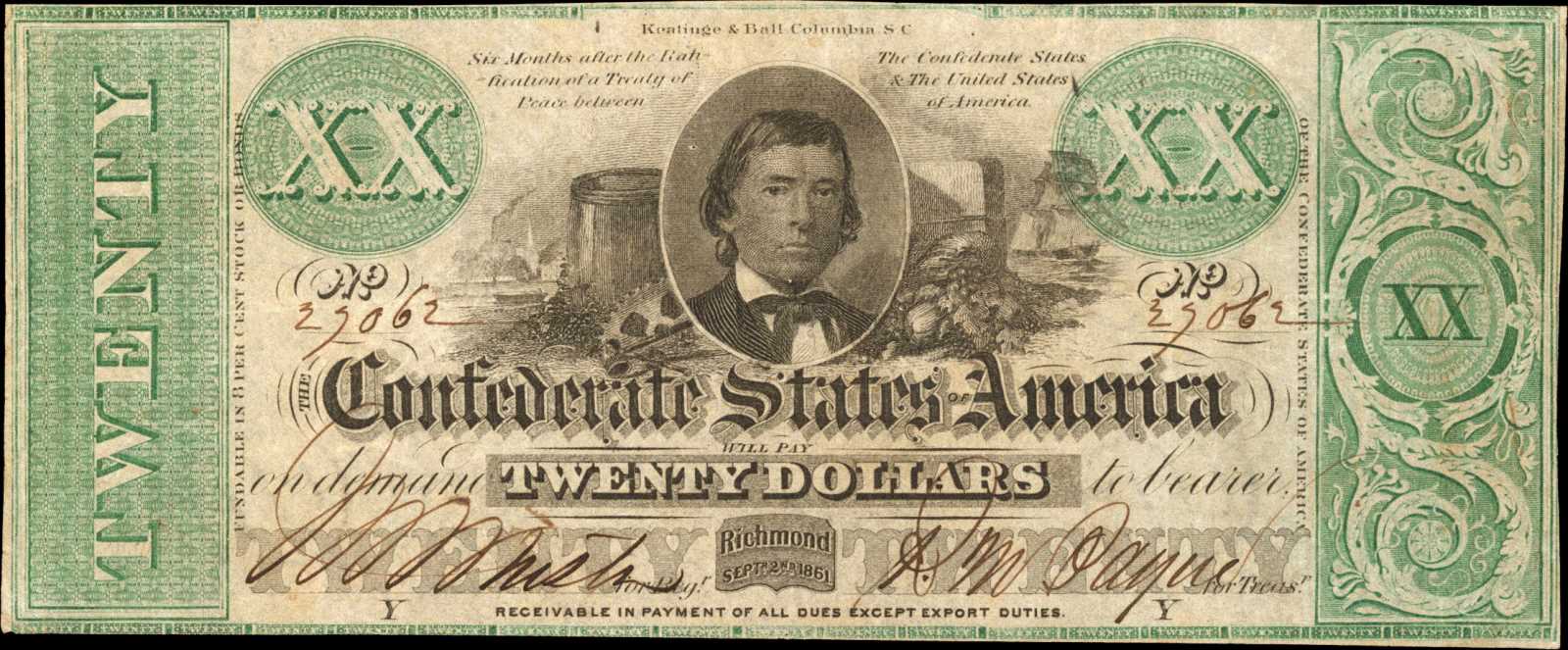 T-21. Confederate Currency. 1861 $20. Very Fine.