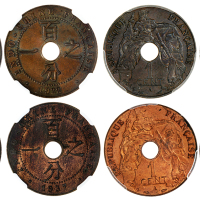 法属安南1分4枚一组，包括1922,1926A, 1937A及1938A, 分别评NGC MS64BN, PCGS MS63BN, NGC MS63RB及PCGS MS63RB