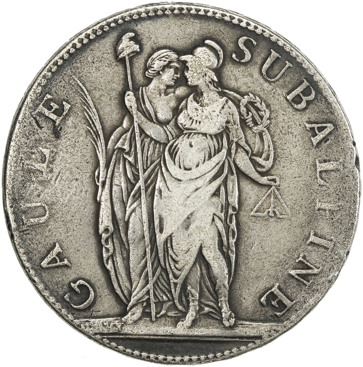 World Coins - Europe，PIEDMONT REPUBLIC: AR 5 francs, LAN 9 (1801), Cr-4, somewhat weak obverse rims,