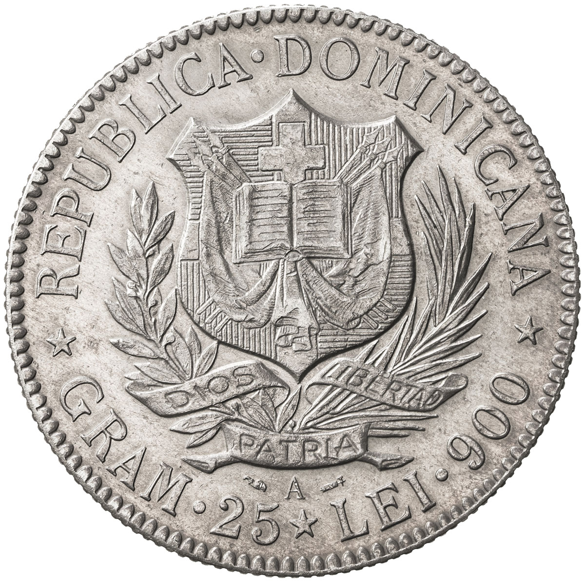 World Coins - The Americas，DOMINICAN REPUBLIC: AR 5 francos, 1891-A, KM-12, nicely toned, choice AU.