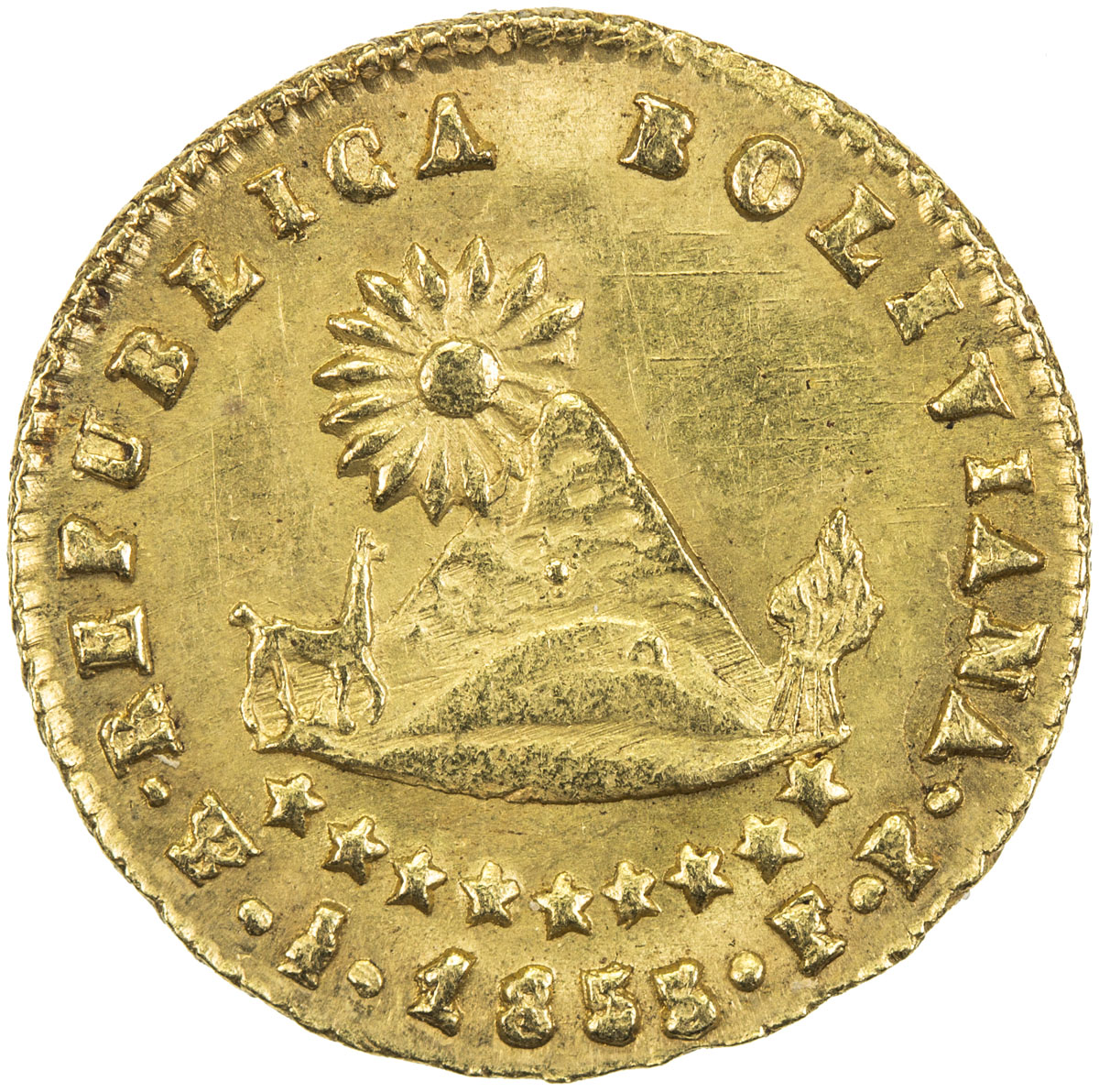 World Coins - The Americas，BOLIVIA: AV ½ scudo, 1855-PTS, KM-113, assayer FP, a lovely example of th