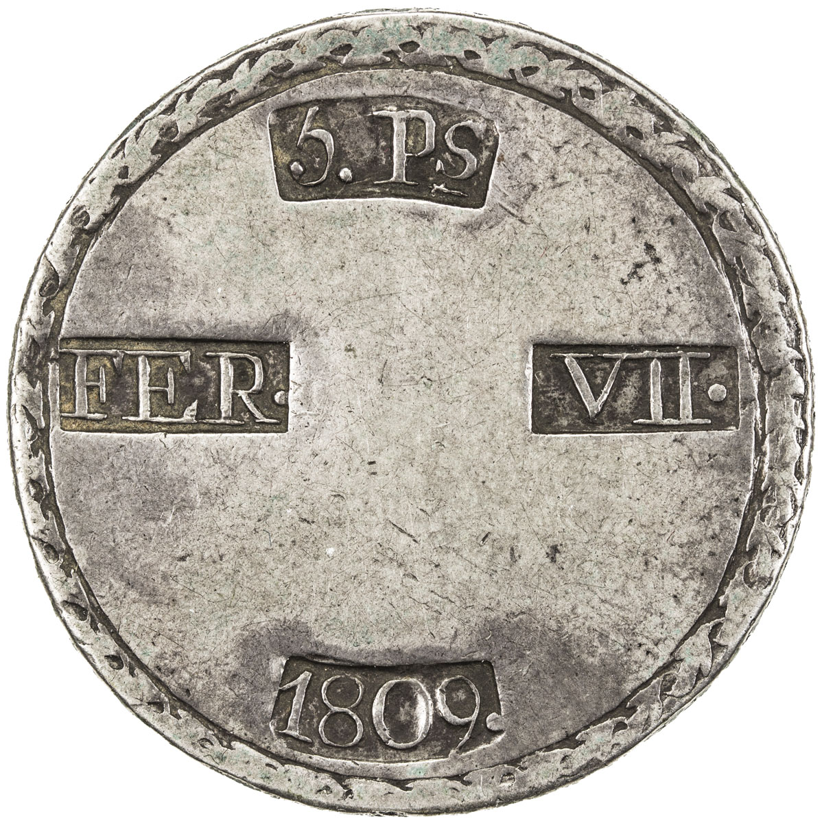 World Coins - Europe，CATALONIA: Fernando VII, 1808-1833, AR 5 pesetas, Tarragona, 1809, KM-6, large 