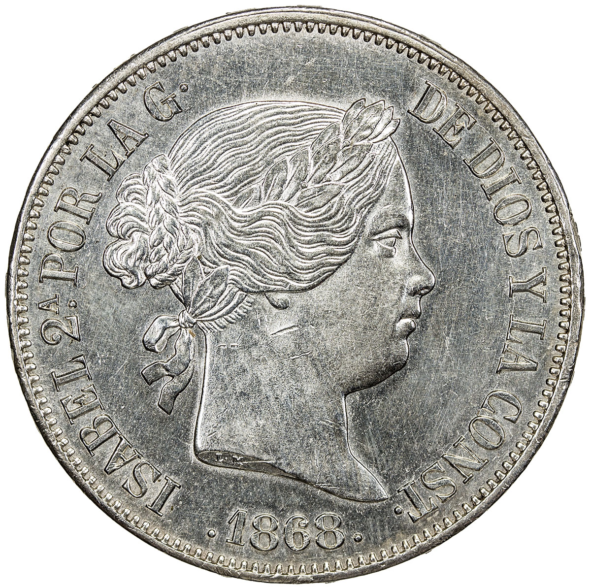 World Coins - Europe，SPAIN: Isabel II, 1833-1868, AR 2 escudos, 1868 (68), KM-629, lightly cleaned, 