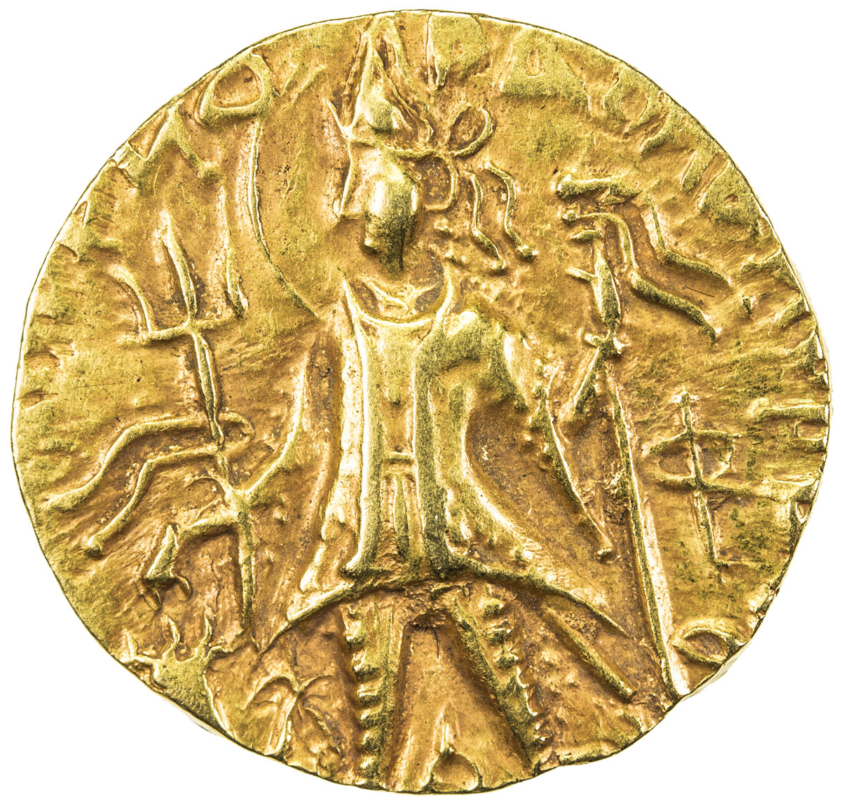 India - Ancient，KUSHAN: Vasishka, ca. 250-260, AV dinar (7.96g), Mitch-3551/53, king standing, Bhahm