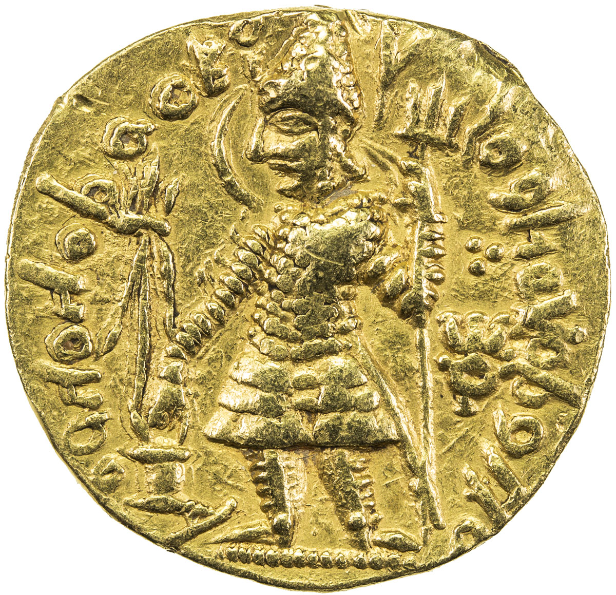 India - Ancient，KUSHAN: Vasu Deva I, ca. 191-230+, AV dinar (7.86g), G-640, Mitch-3395., king standi