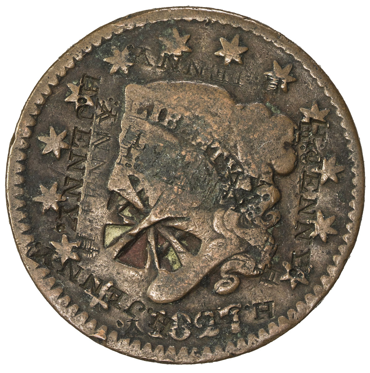 US Coins, Tokens & Medals，UNITED STATES:Brunk—, VF, Merchant counterstamp H. JENNY multiple times on