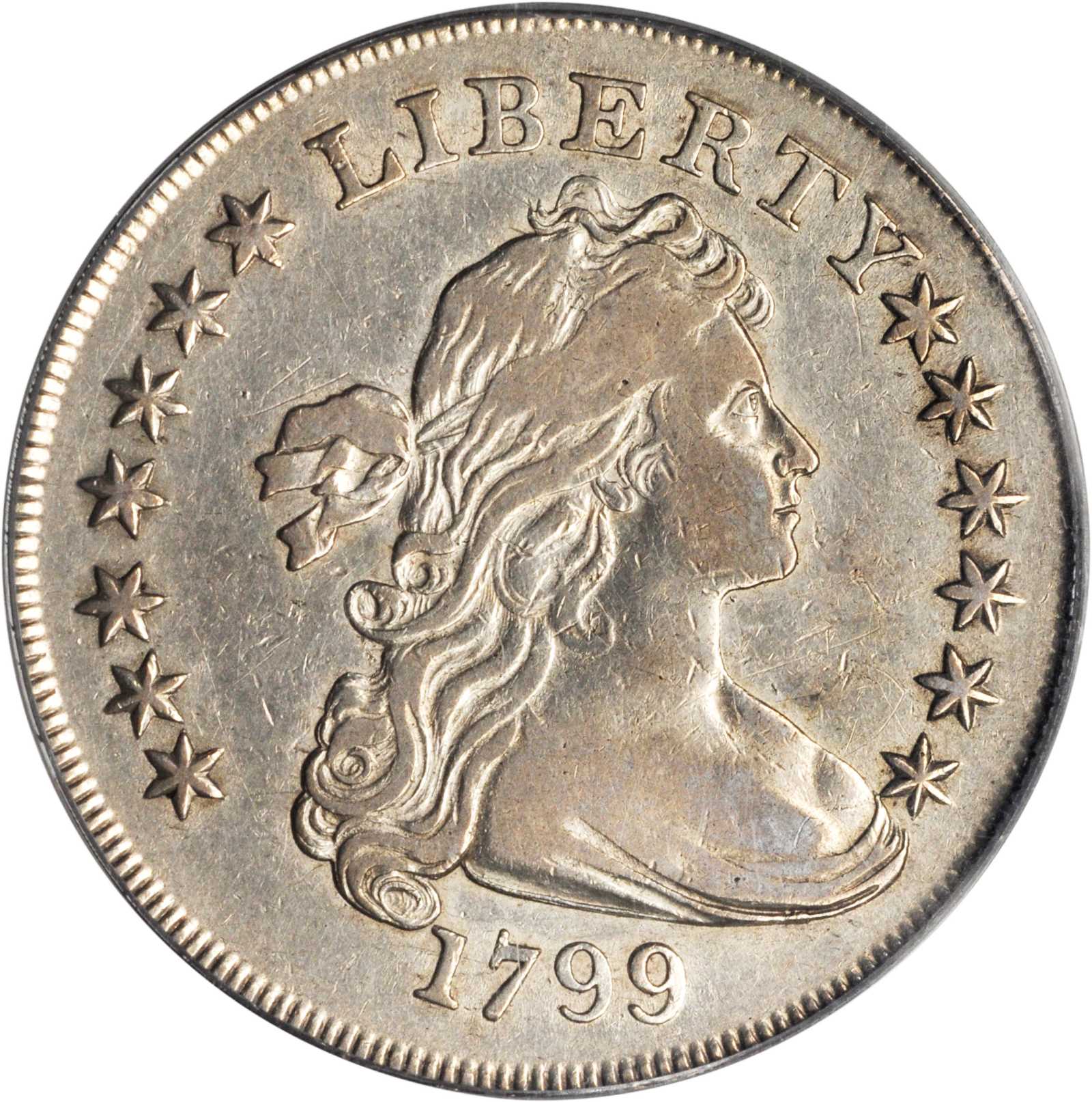 1799 Draped Bust Silver Dollar. BB-151, B-13. Rarity-5. Irregular Date, 13-Star Reverse. VF-20 (PCGS