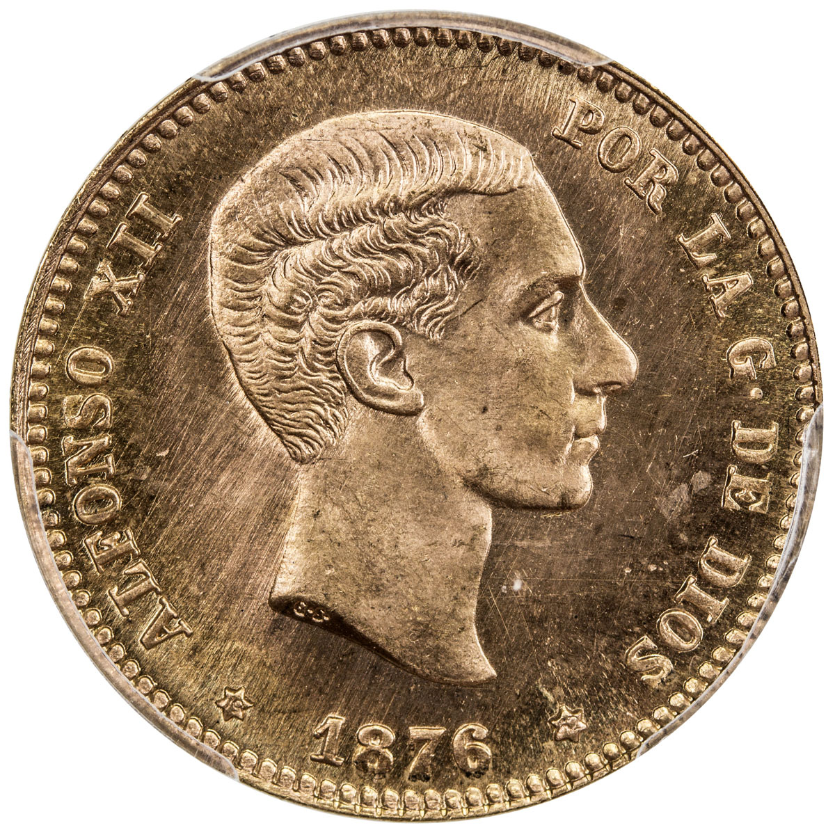 World Coins - Europe，SPAIN: Alfonso XII, 1874-1885, AV 25 pesetas, 1876, KM-673, DEM mintmaster, 196