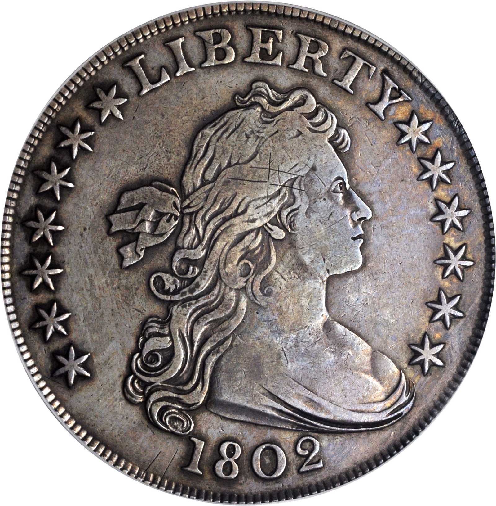 1802 Draped Bust Silver Dollar. BB-242, B-5. Rarity-5. Wide Date. VF Details--Graffiti (PCGS).