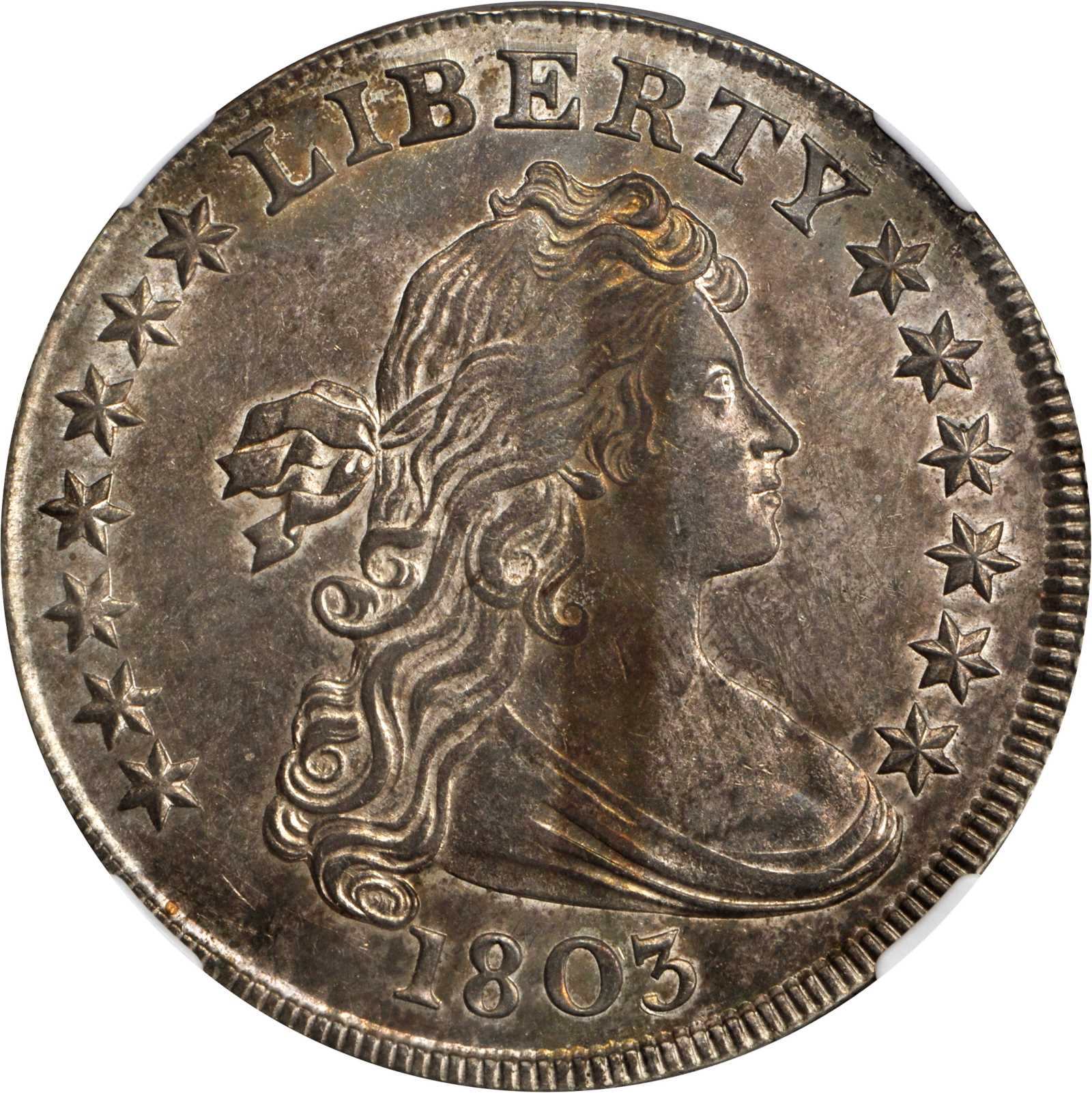 1803 Draped Bust Silver Dollar. BB-255, B-6. Rarity-2. Large 3. AU-55 (NGC).