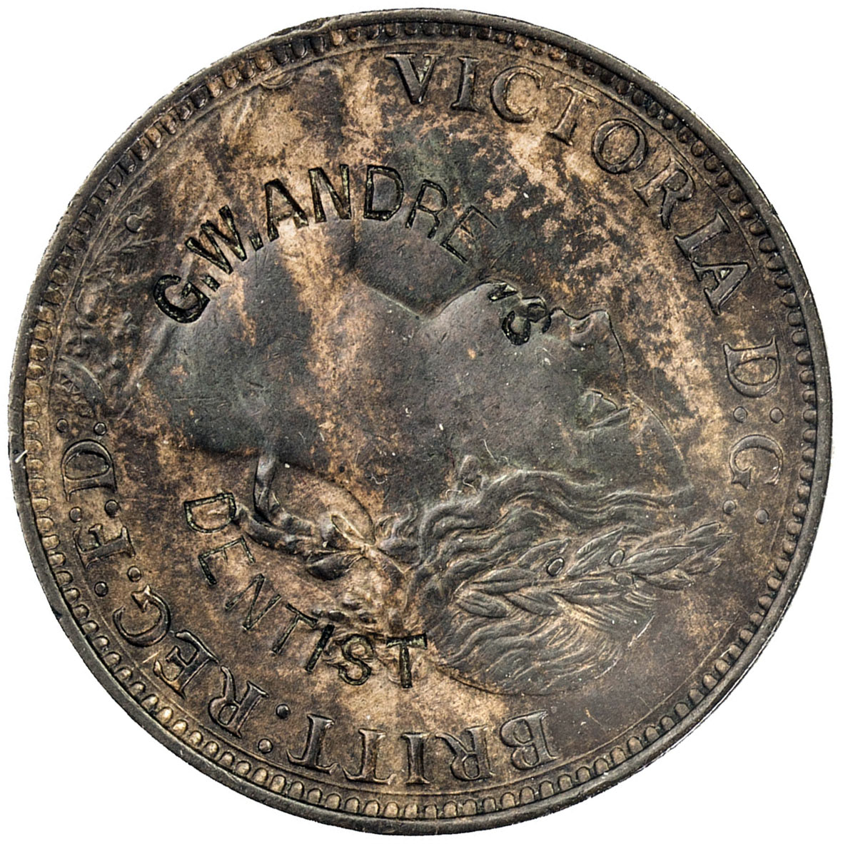 US Coins, Tokens & Medals，UNITED STATES:Brunk A-294, VF, Merchant counterstamp G. W. ANDREWS DENTIST