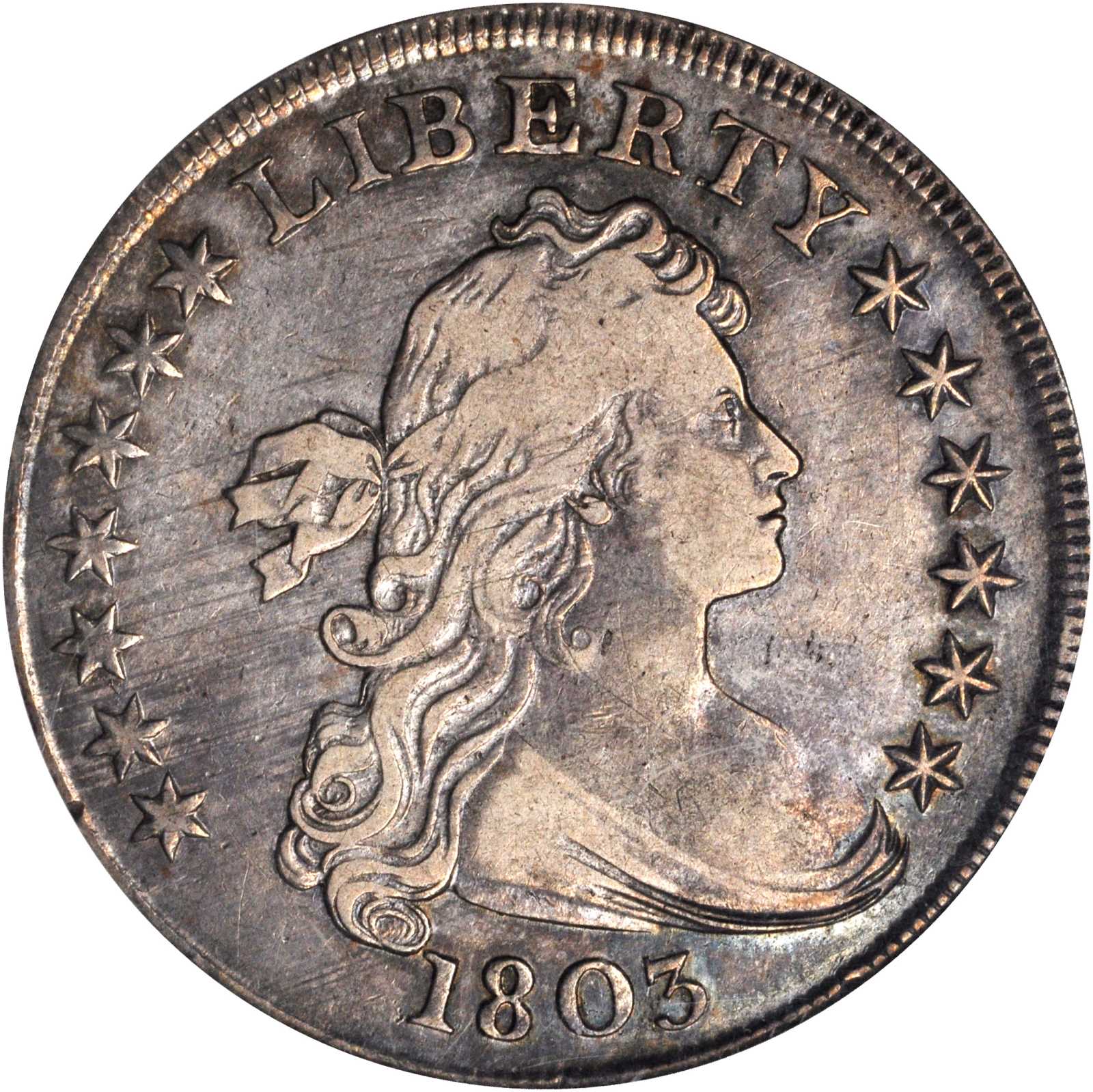 1803 Draped Bust Silver Dollar. BB-255, B-6. Rarity-2. Large 3. VF-35 (NGC).