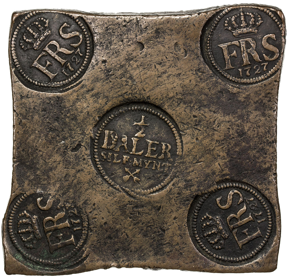 World Coins - Europe，SWEDEN: Frederick I, 1720-1751, AE ½ daler plate money, Avesta, 1727, KM-PM65, 