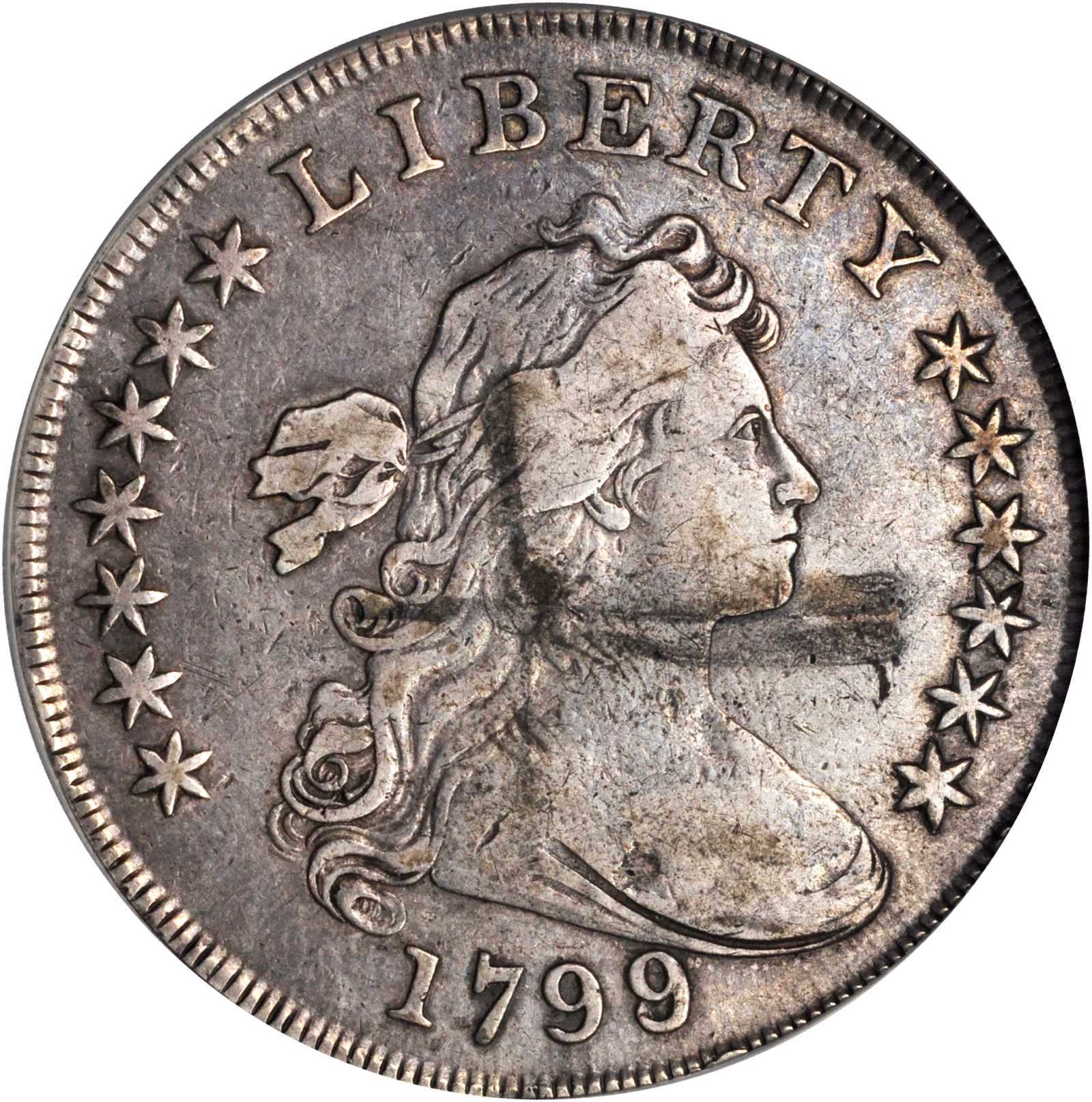 1799/8 Draped Bust Silver Dollar. BB-141, B-3. Rarity-3. 15-Star Reverse. VF-20 Details--Environment