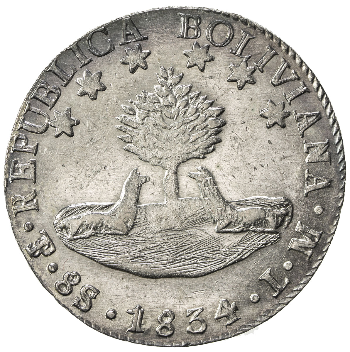 World Coins - The Americas，BOLIVIA: AR 8 soles, 1834, KM-97, El-83, assayer LM, attractive blue tone