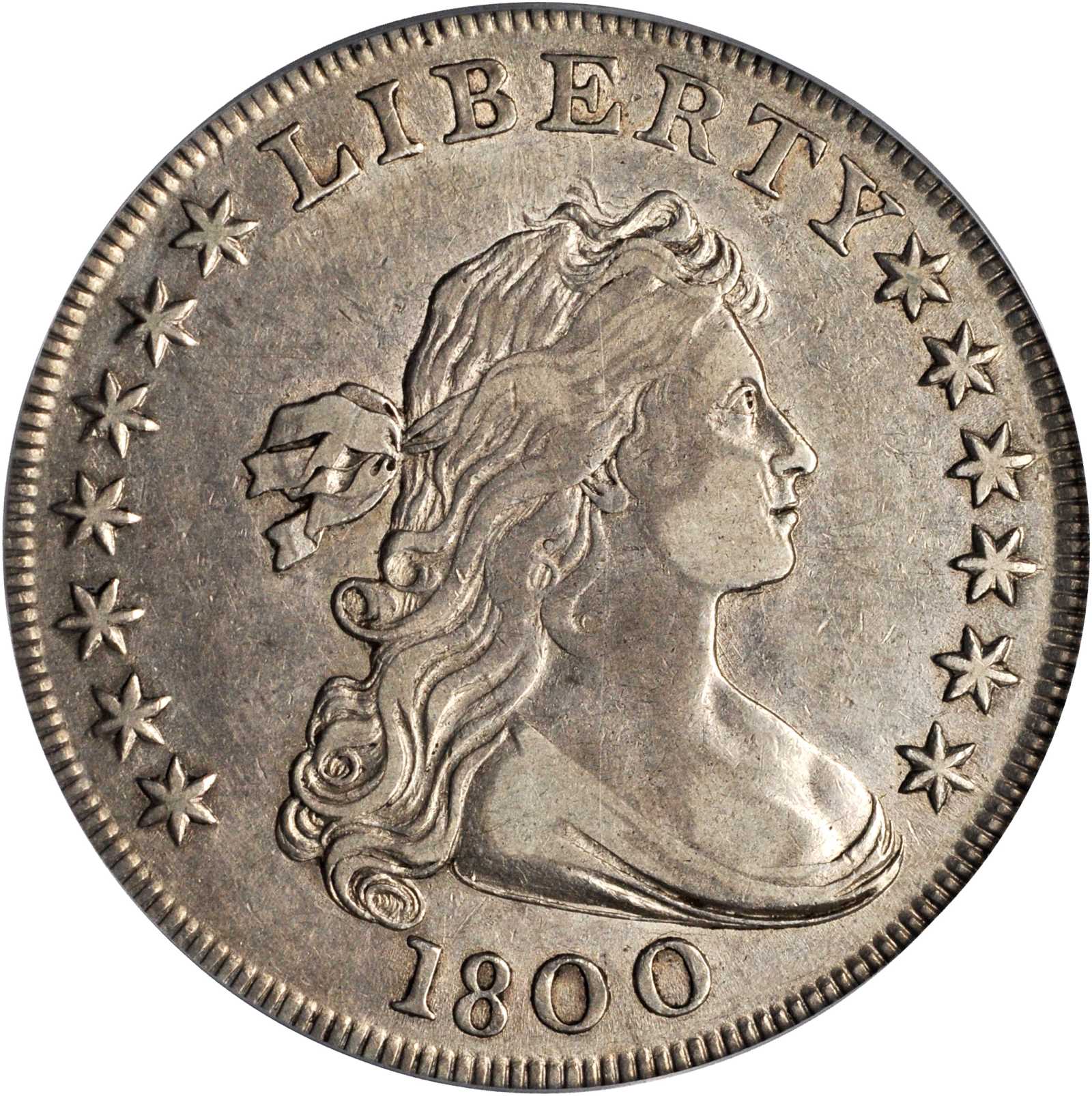 1800 Draped Bust Silver Dollar. BB-190, B-10a. Rarity-3. Very Wide Date, Low 8. EF-40 (PCGS).