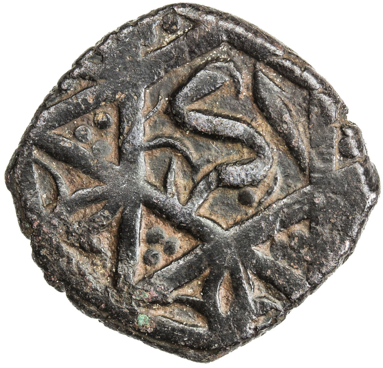 India - Mughal Empire，MUGHAL: Akbar I, 1556-1605, AE 1/8 dam (2.25g), Bhakhar, ND, KM-—, name Akbar 