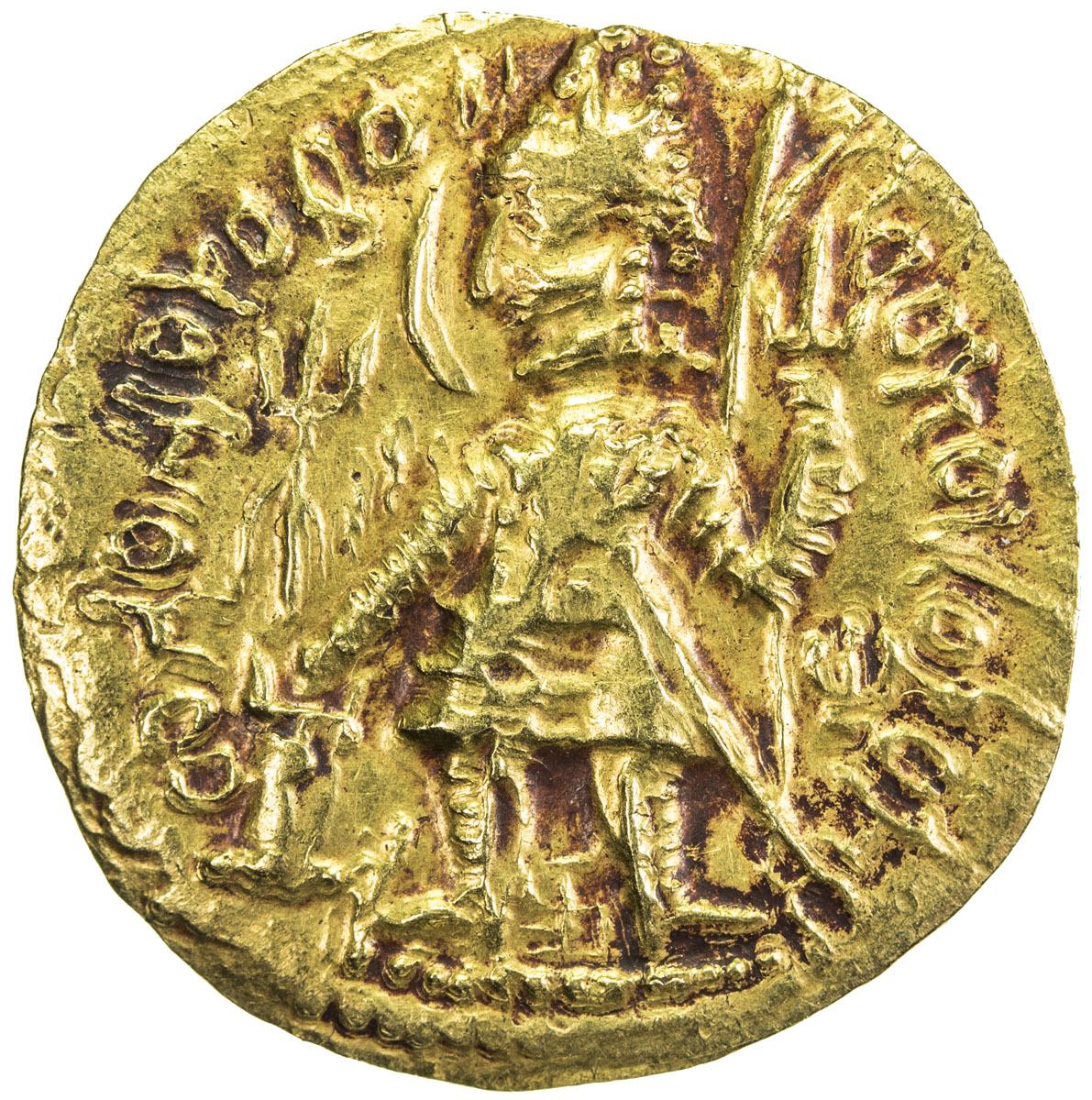 India - Ancient，KUSHAN: Vasu Deva I, ca. 191-230+, AV dinar (7.01g), G-640, Mitch-3395., king standi