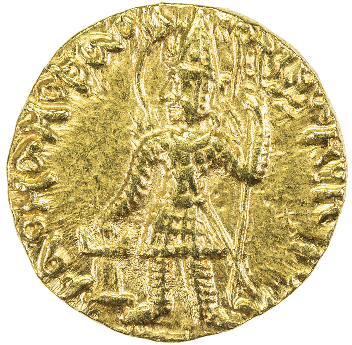 India - Ancient，KUSHAN: Vasu Deva I, ca. 191-230+, AV dinar (7.98g), G-512, Mitch-3386var., king sta