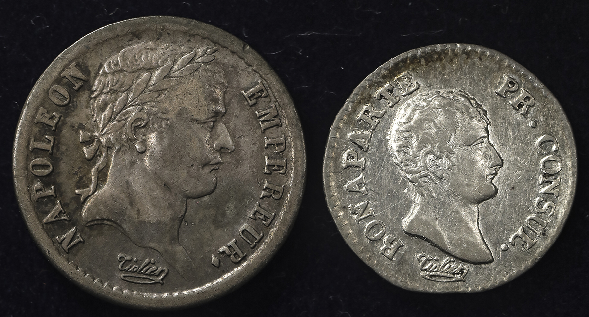 FRANCE Napoleon I ナポレオン1世(1802~15) 1/4Franc AN12(1803/4)A//1/2Franc 1808A VF~EF