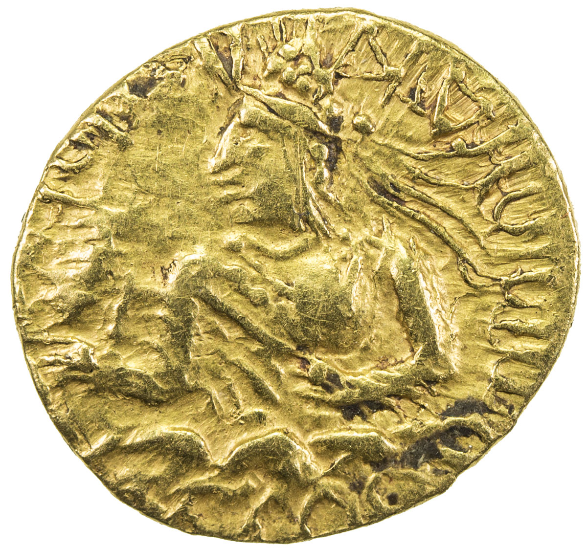 India - Ancient，KUSHAN: Huvishka, ca. 155-187, AV ¼ dinar (1.92g), G-160, kings half bust, holding m