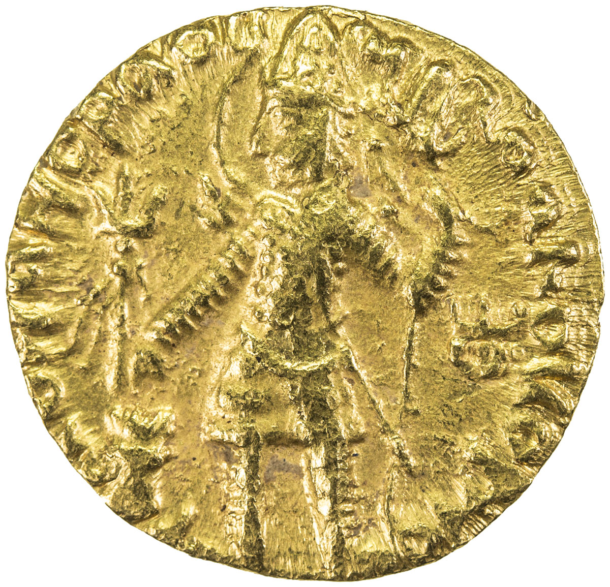 India - Ancient，KUSHAN: Vasu Deva I, ca. 191-230+, AV dinar (7.98g), G-640, Mitch-3395., king standi