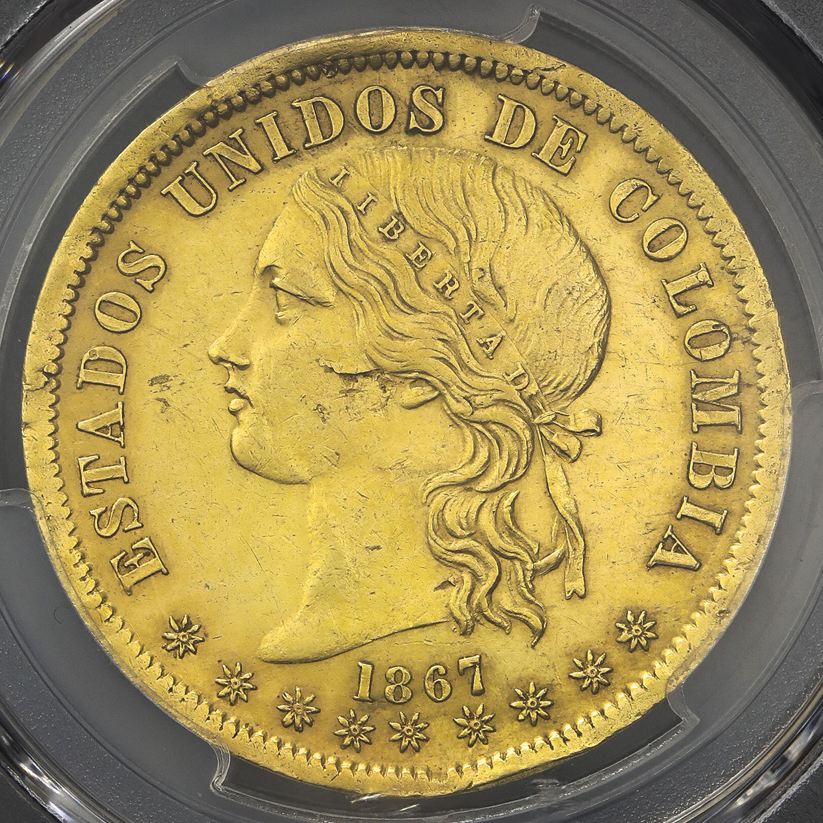 COLOMBIA コロンビア 20Pesos 1867 PCGS-AU55(Finest) EF