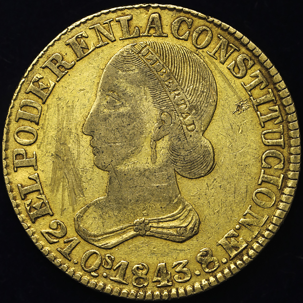 ECUADOR エクアド儿 8Escudos 1843MV 返品不可 要下见 Sold as is No returns scratch,2bumps スクラッチ之小伤2ヶ -VF