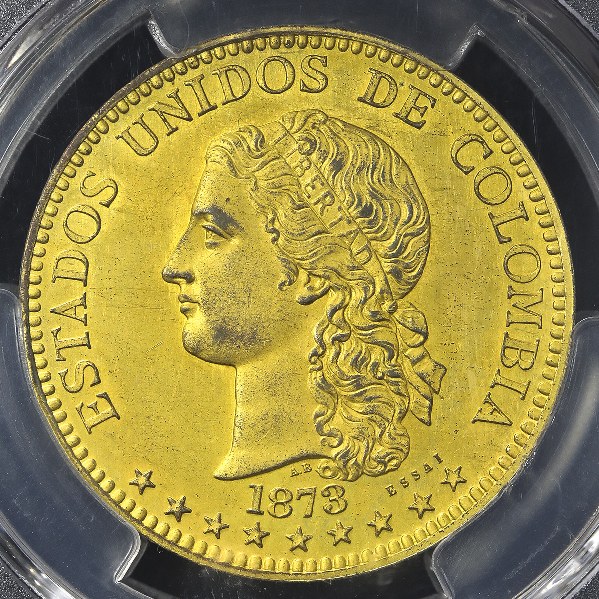 COLOMBIA コロンビア Uniface Essai 20Pesos in Gilt Bronze 1873 共にPCGS-SP62 见本打 -UNC