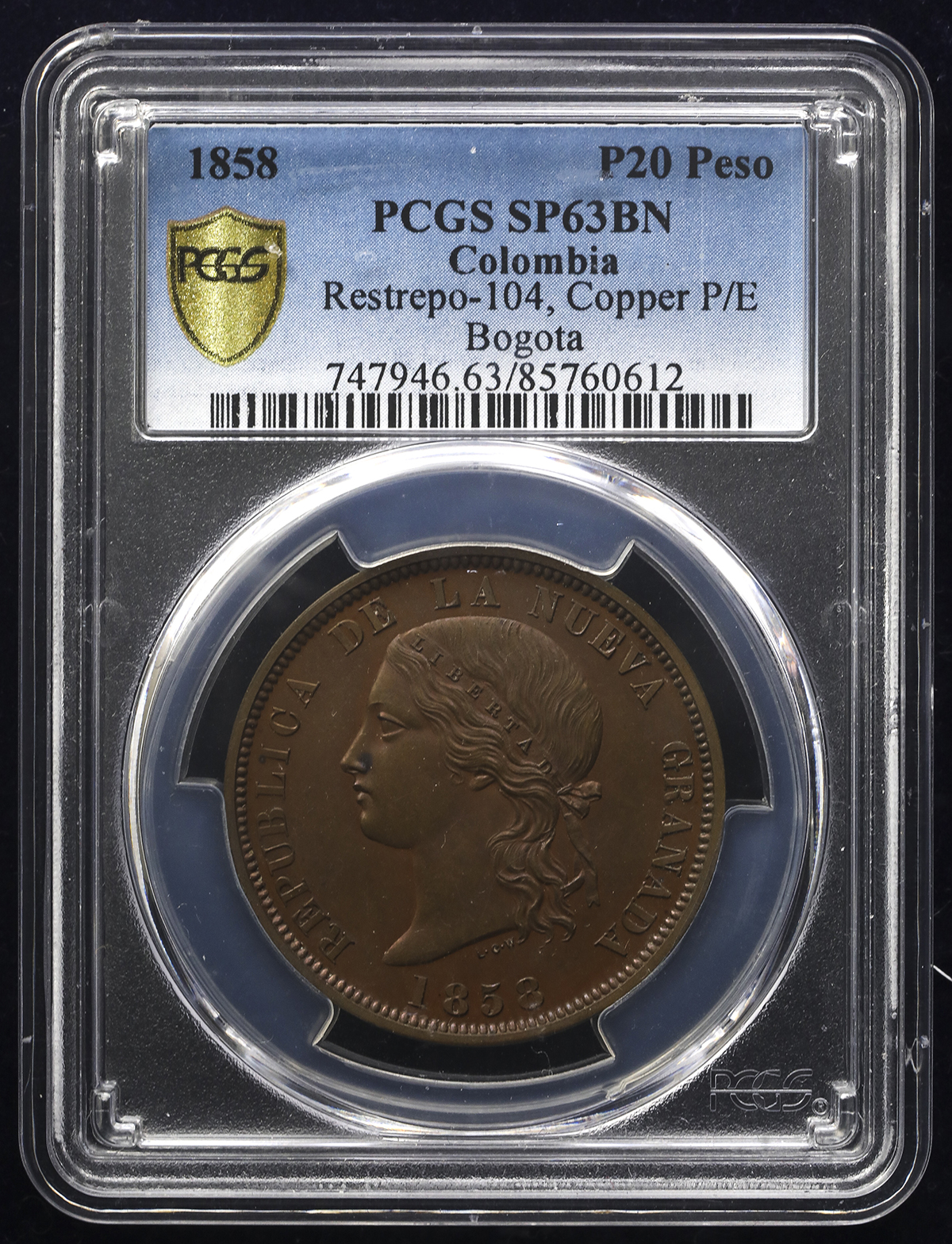 COLOMBIA コロンビア Pattern 20Pesos in Copper 1858  PCGS-SP63BN 见本打 UNC