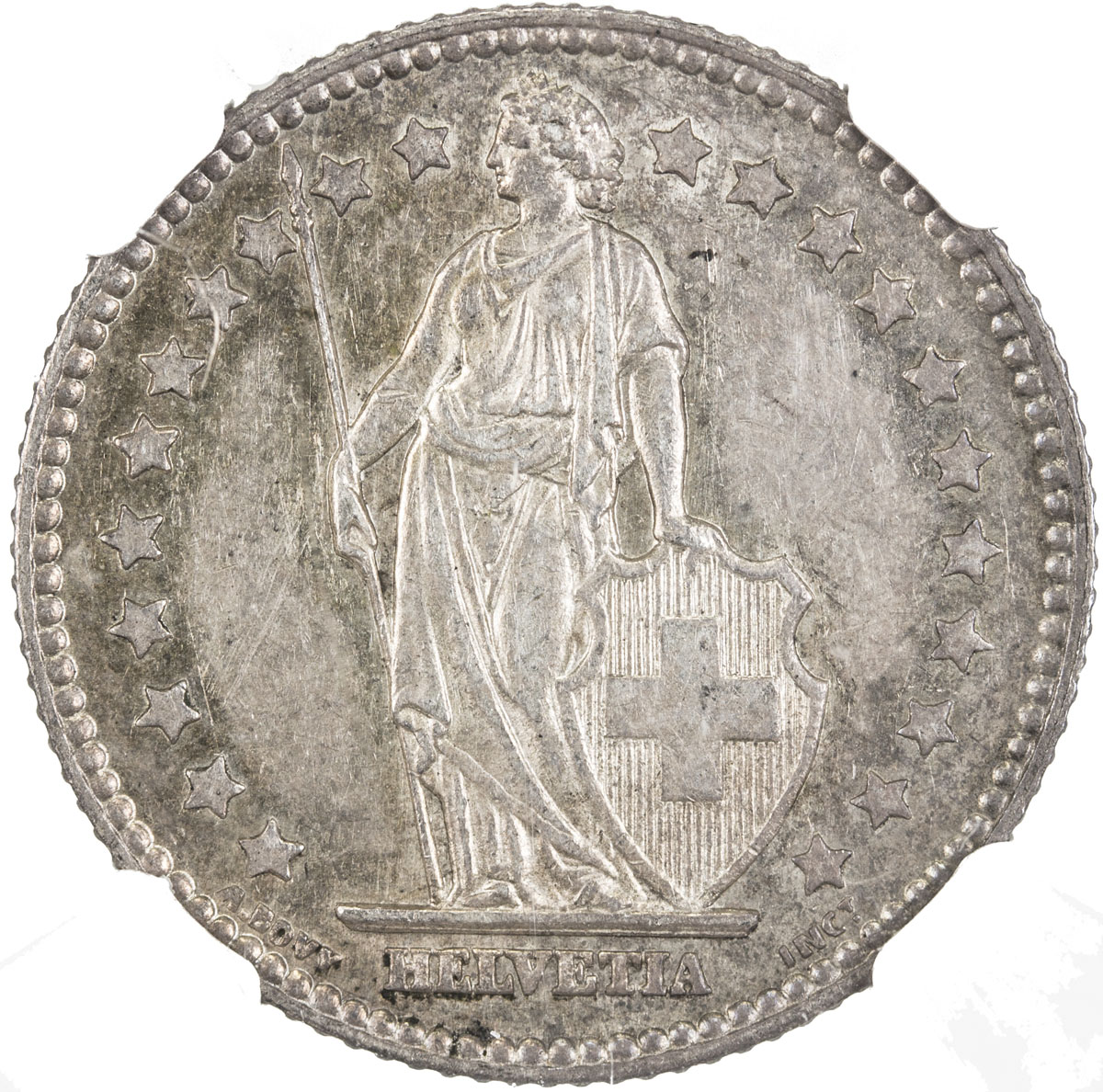 World Coins - Europe，SWITZERLAND: AR franc, 1894-A, KM-24, only date of the type struck in Paris, li