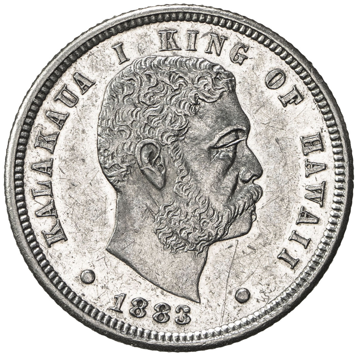 World Coins - Australia & Pacific，HAWAII: Kalakaua, 1874-1891, AR dime (umi keneta), 1883, KM-3, AU,