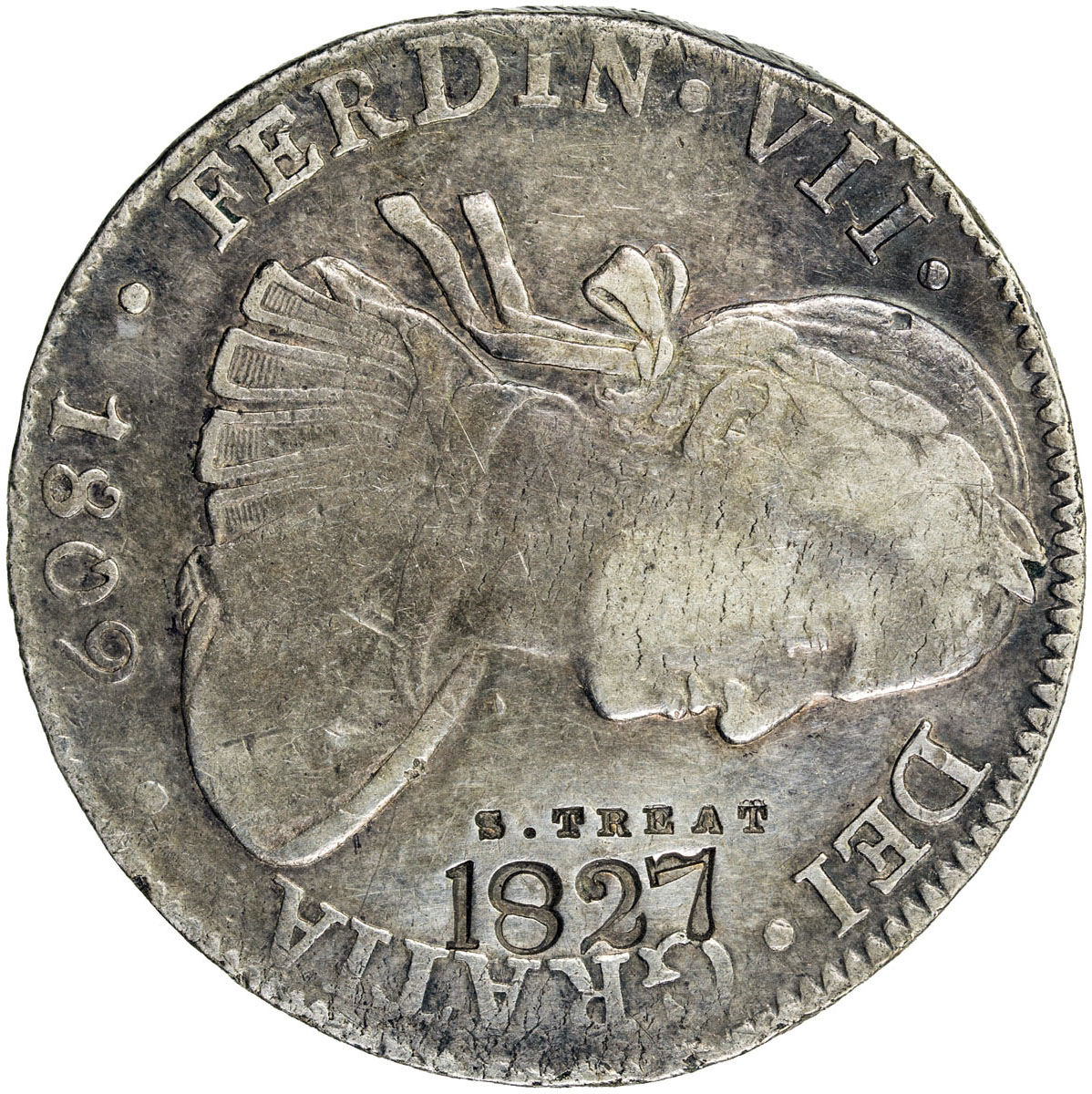 US Coins, Tokens & Medals，UNITED STATES:Brunk S-405, VF, Merchant counterstamp S. TREAT 1827 on Mexi