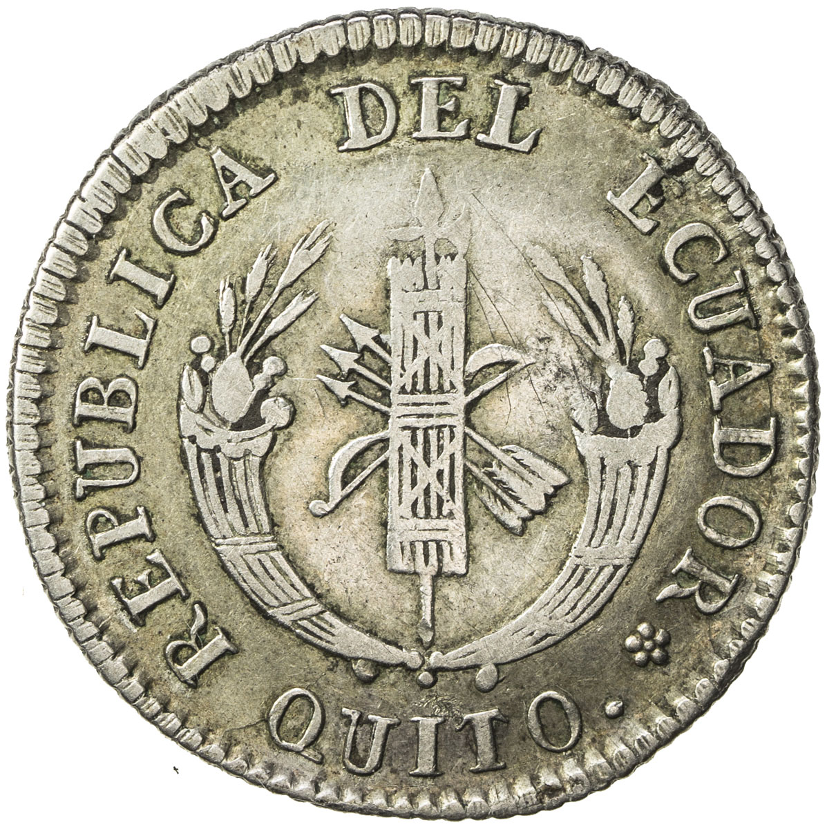 World Coins - The Americas，ECUADOR: AR 2 reales, 1838, KM-18, assayer MV, a few faint scratches, wel
