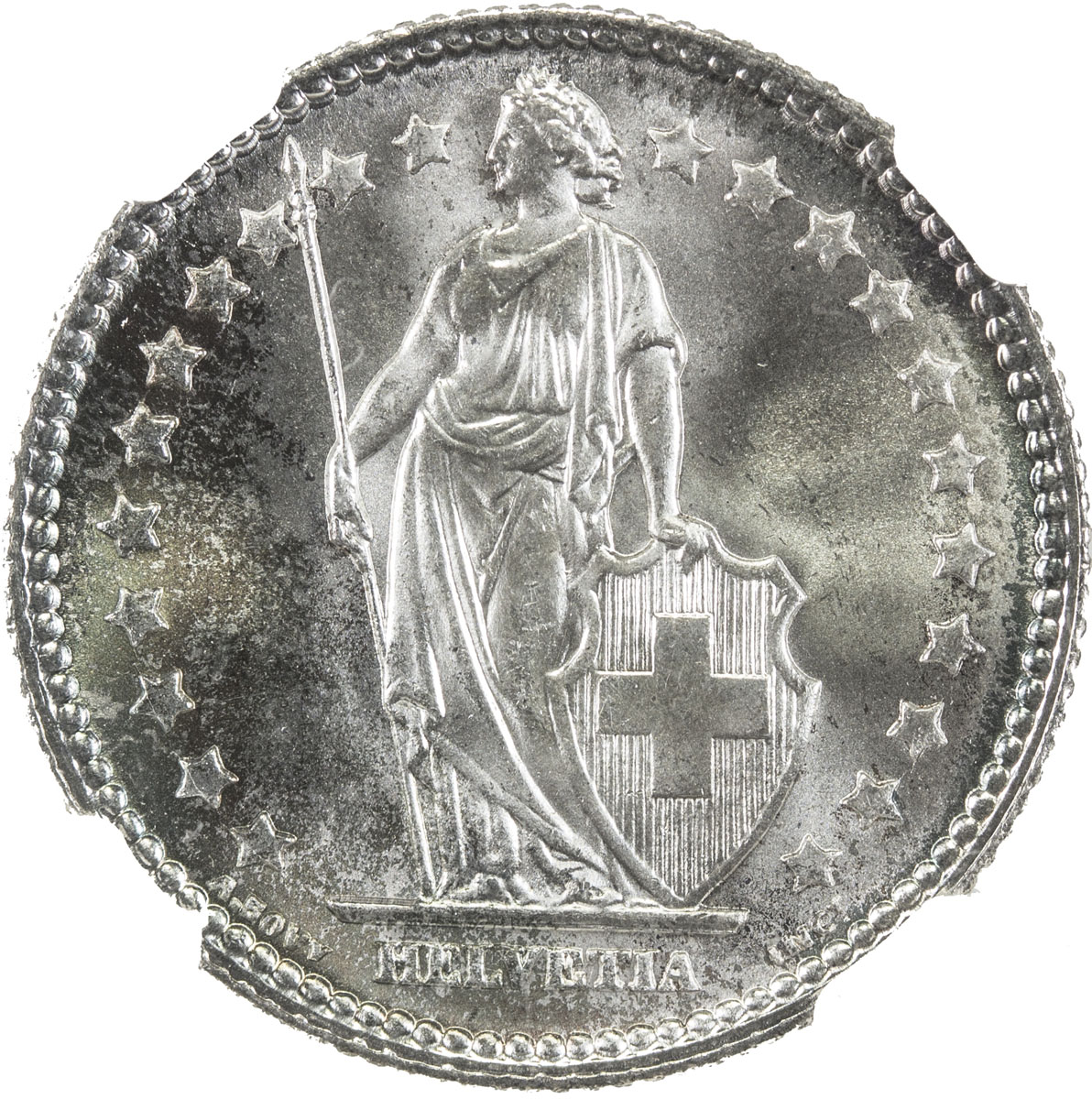 World Coins - Europe，SWITZERLAND: AR franc, 1908-B, KM-24, very lightly toned, highest graded at NGC