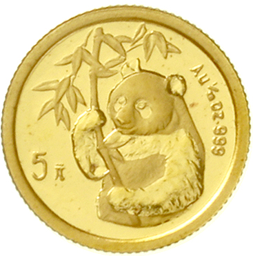 5 Yuan GOLD 1995. Half-length portrait of a pandas with bamboobranch. 1 / 20 oz fine gold. Large Dat