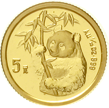 5 Yuan GOLD 1995. Half-length portrait of a pandas with bamboobranch. 1 / 20 oz fine gold. Small Dat