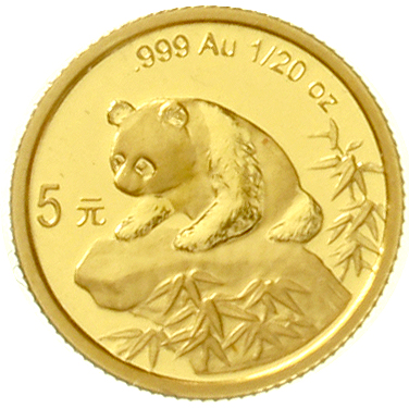 5 Yuan GOLD 1999. Panda on a boulder. 1 / 20 oz fine gold. LargeDate without Serif, welds. Uncircula