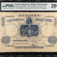  1925年海峡殖民地政府肋屿岬国库银票伍拾圆 PMG VF 20 Government of the Straits Settlement. 50 Dollars