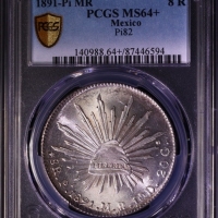  1891年墨西哥8瑞尔花边鹰洋银币 PCGS MS64+
